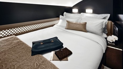 a bed with a purse and a wallet on it