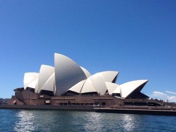 Sydney Opera House with white roof and pointed roofs