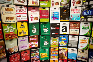 a wall of gift cards