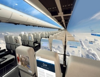 an airplane with seats and sky view