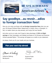 No foreign transaction fees on the US Airways MasterCard