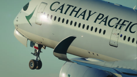 close-up of a cathay pacific airplane