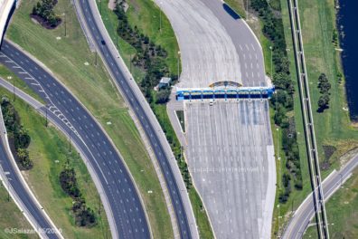 an aerial view of a highway